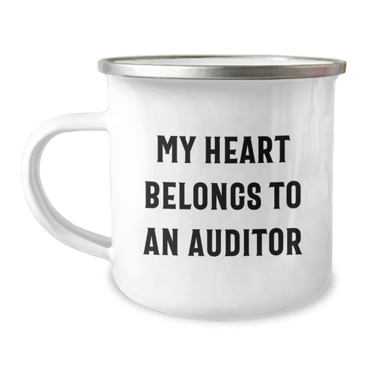Funny Auditor Gifts for Him, My Heart Belongs To An Auditor Camping Mug, Birthday Unique Gifts from Friends, 12 oz Stainless Steel Enamel Finish - Image 1