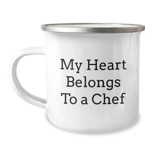 Funny Chef Gifts - My Heart Belongs To A Chef Quote Camping Mug, 12 oz Stainless Steel with Enamel Finish, Gifts from Friends to Chef - Image 1