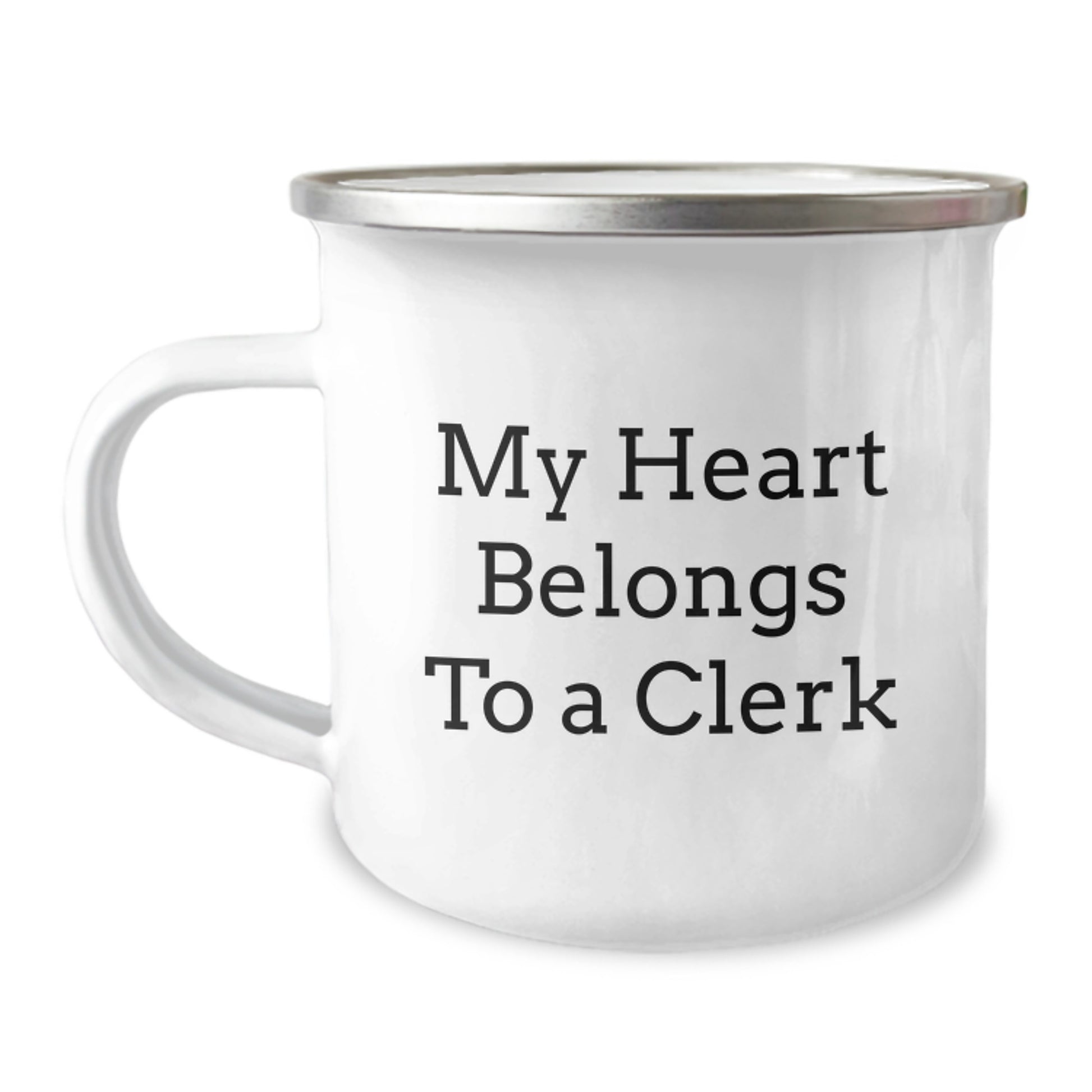 Cute Clerk Gifts, My Heart Belongs To A Clerk Quote Camping Mug, Birthday Unique Gifts for Men, Women, Friends, Coworkers, Family - Image 1