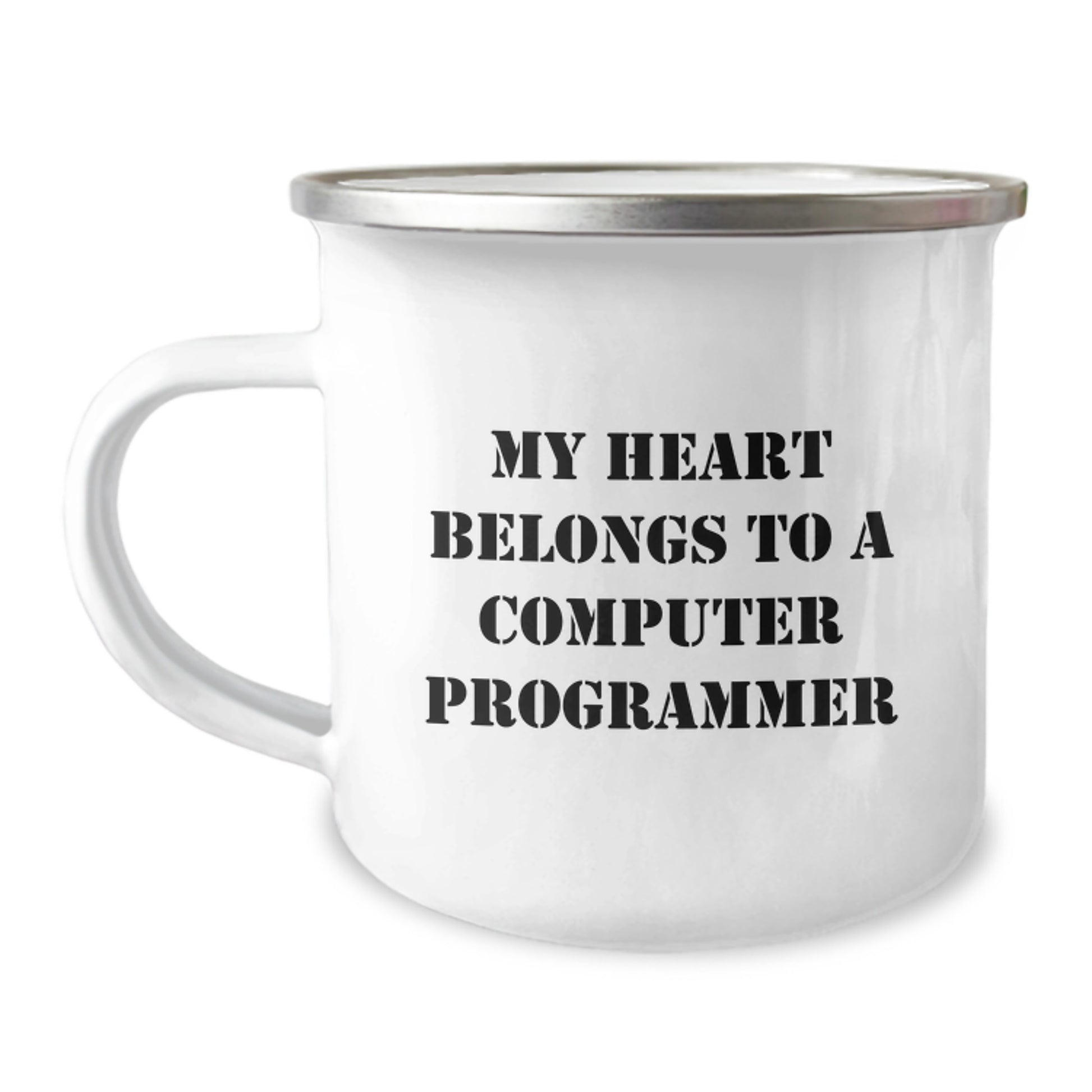 Funny Computer Programmer Gifts from Friends for Him on Birthday, 'My Heart Belongs To A Computer Programmer' Enamel Camping Mug, 12 oz Stainless Steel - Image 1