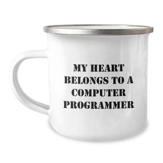 Funny Computer Programmer Gifts from Friends for Him on Birthday, 'My Heart Belongs To A Computer Programmer' Enamel Camping Mug, 12 oz Stainless Steel - Image 1