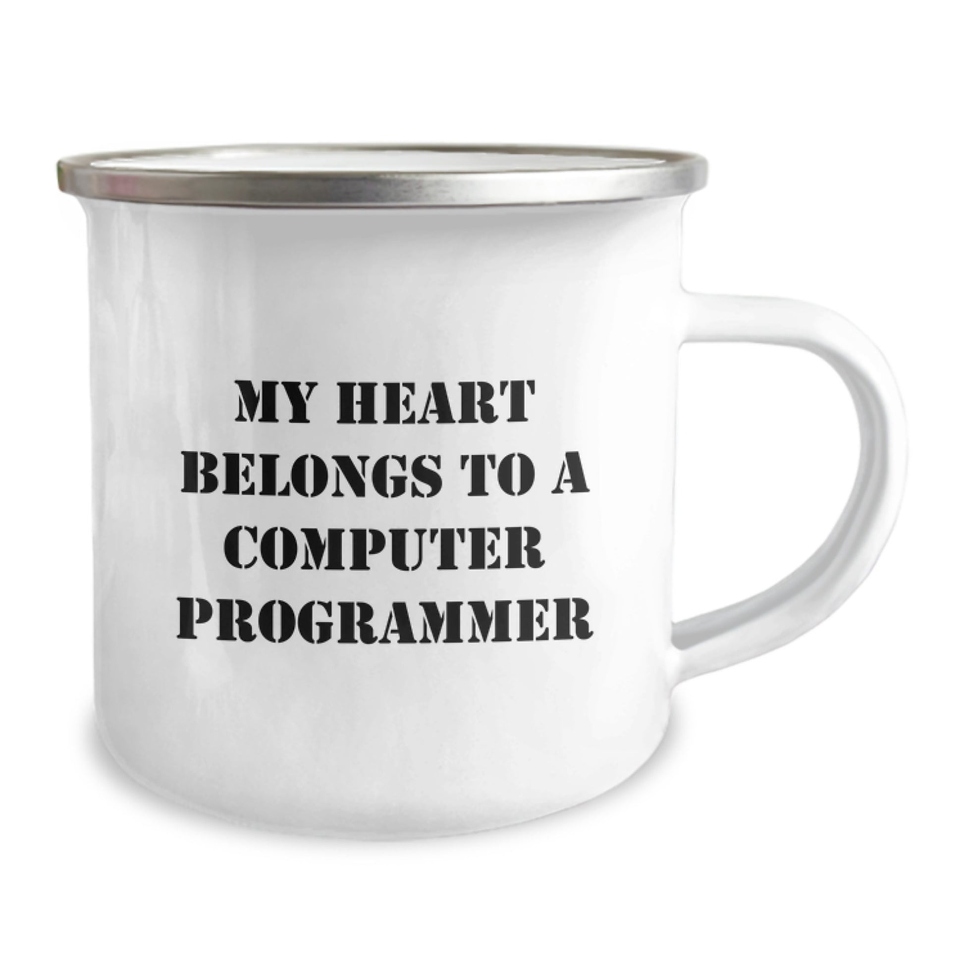 Funny Computer Programmer Gifts from Friends for Him on Birthday, 'My Heart Belongs To A Computer Programmer' Enamel Camping Mug, 12 oz Stainless Steel - Image 2