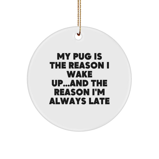 Funny Pug Dog Gifts from Friends - 'My Pug Is The Reason I Wake Up...' Circle Ornament for Men, Women, Family, and Coworkers - Christmas Unique Present - Image 1