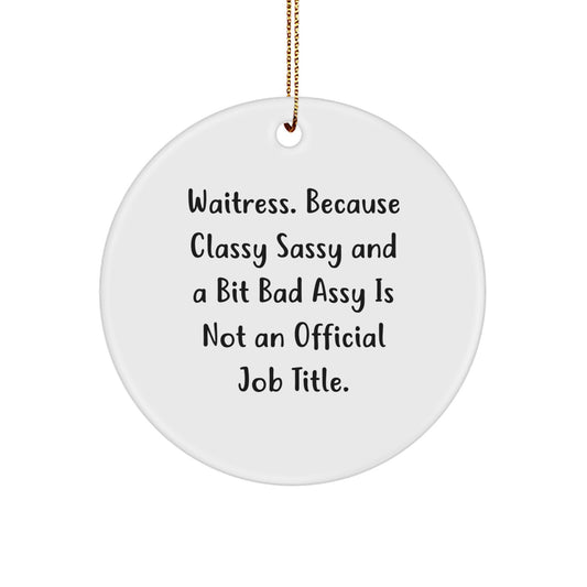 Waitress Gifts from Friends, Funny Circle Ornament for Waitress, 'Waitress. Because Classy Sassy And A Bit Fearlessy Is Not An Official Job Title.' Christmas Unique Gift for Her - Image 1