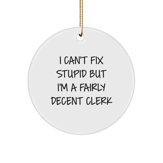 Funny Clerk Gifts from Friends, 'I Can't Fix Stupid', Christmas Circle Ornament for Men, Women, Coworkers, or Family - Image 1