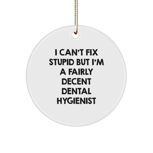 Dental Hygienist Gifts, Funny Quote Circle Ornament for Christmas, 'I Can't Fix Stupid But I'm A Fairly Decent Dental Hygienist' Gifts from Family to Friends - Image 1