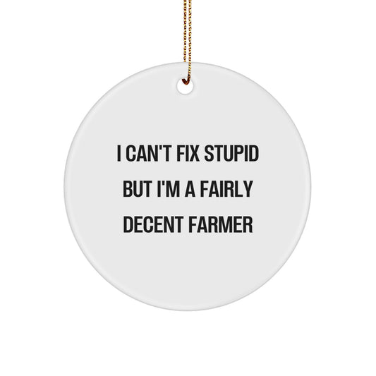 Funny Farmer Christmas Unique Gifts from Men to Friends - 'I Can't Fix Stupid But I'm A Fairly Decent Farmer' Circle Ornament - Image 1