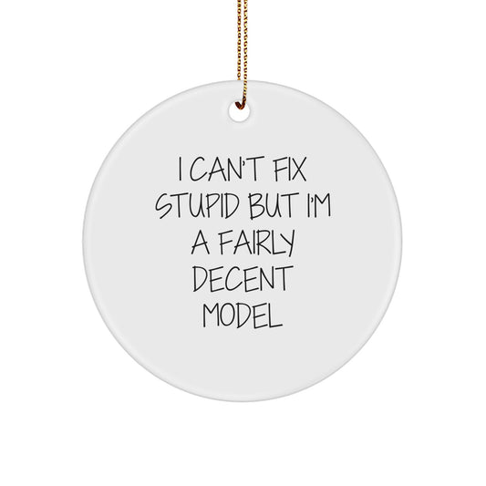 Funny Model Gifts for Christmas - 'I Can't Fix Stupid But I'm A Fairly Decent Model' Circle Ornament with MDF Material, Vibrant Printing, and Gold Cord for Hanging - Image 1