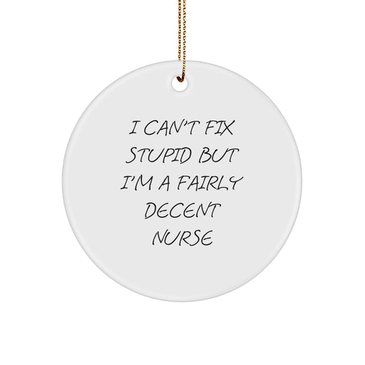 Funny Nurse Gifts from Friends, Christmas Circle Ornaments for Nursing Professionals, Inspirational Quote 'I Can't Fix Stupid But I'm A Fairly Decent Nurse' Gifts for Her, Unique Nurse Nurse Gifts - Image 1