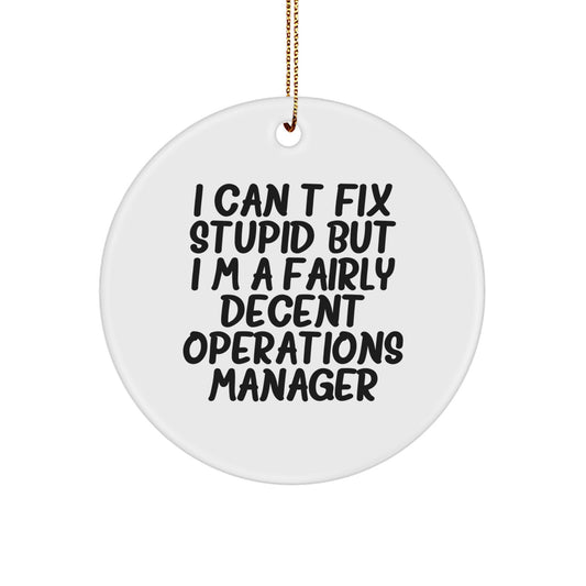 Funny Operations Manager Gifts for Christmas - 'I Can't Fix Stupid' Circle Ornament Gifts from Friends or Family - Image 1