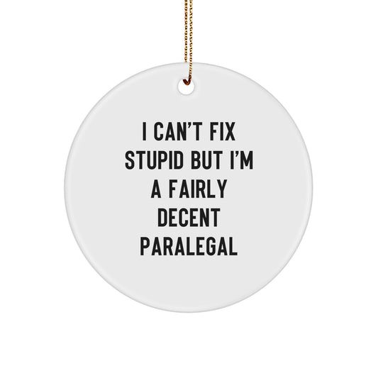 Funny Paralegal Gifts from Friends to Family - Christmas Circle Ornament with I Can't Fix Stupid But I'm A Fairly Decent Paralegal Quote - Image 1