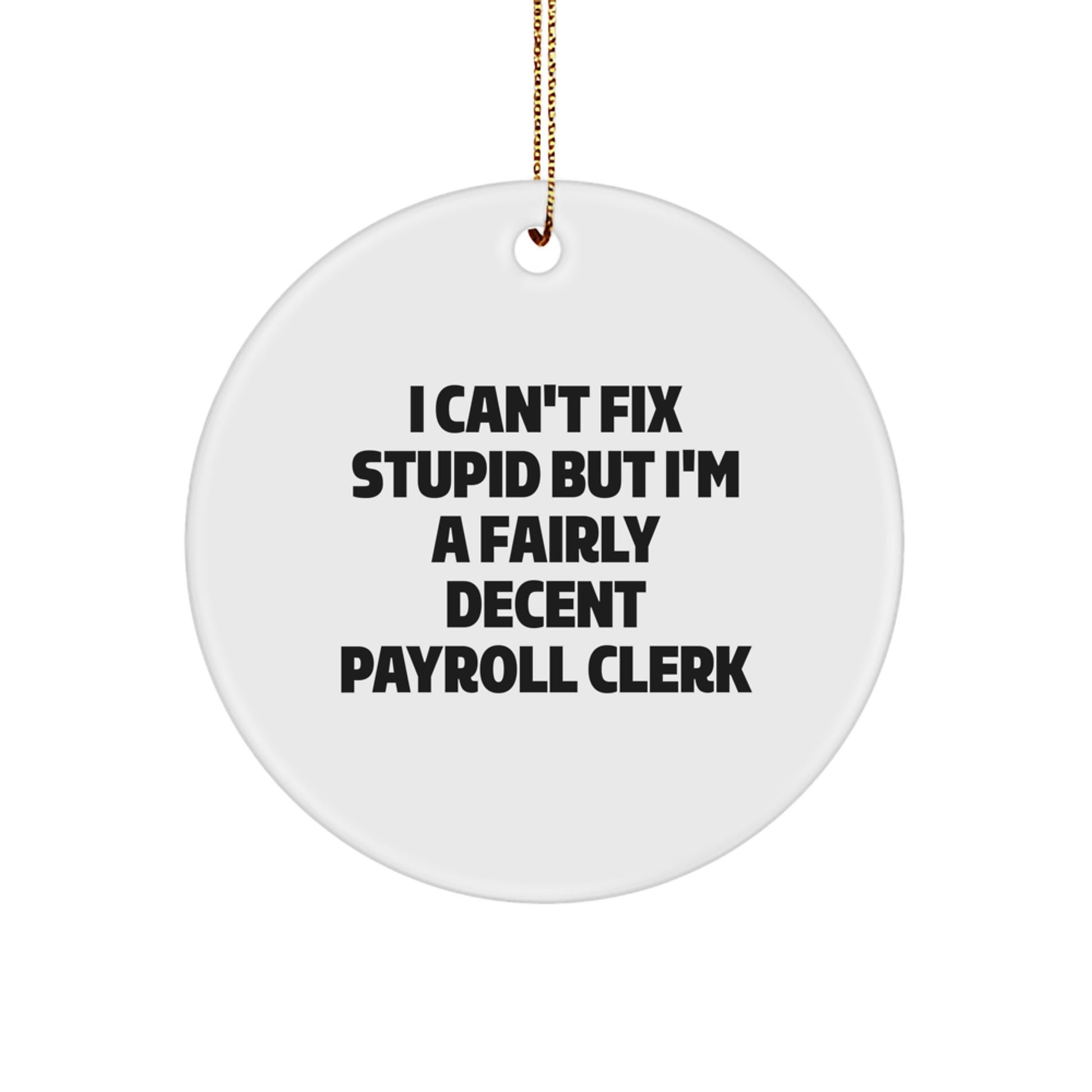 Funny Payroll Clerk Gifts from Friends, I Can't Fix Stupid But I'm A Fairly Decent Payroll Clerk Christmas Circle Ornament for Payroll Clerk - Image 1