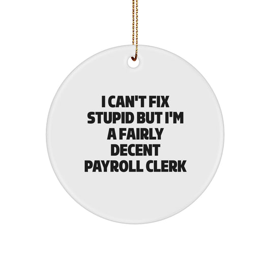 Funny Payroll Clerk Gifts from Friends, I Can't Fix Stupid But I'm A Fairly Decent Payroll Clerk Christmas Circle Ornament for Payroll Clerk - Image 1