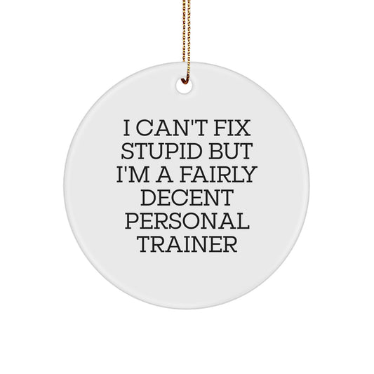 Funny Gift for Personal Trainers, 'I Can't Fix Stupid But I'm A Fairly Decent Personal Trainer' Christmas Circle Ornament, Gifts from Friends to Personal Trainers - Image 1