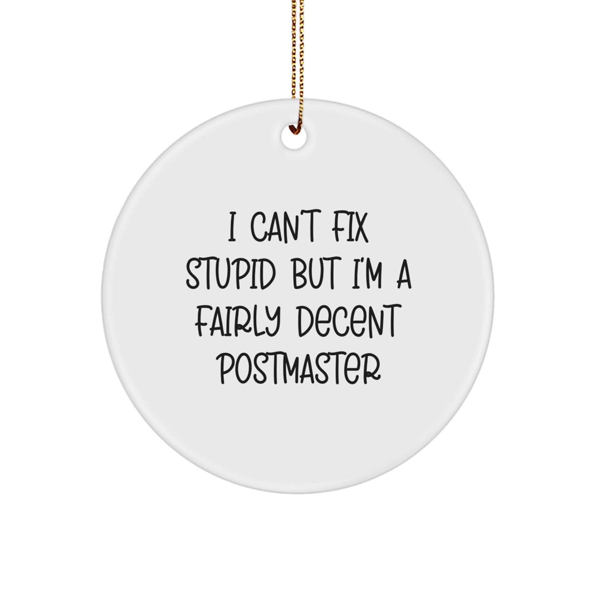 Funny Postmaster Gifts for Men - I Can't Fix Stupid But I'm A Fairly Decent Postmaster Circle Ornament, Christmas Decorations for Home, Office or Mail Room - Image 1