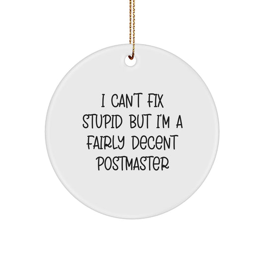 Funny Postmaster Gifts for Men - I Can't Fix Stupid But I'm A Fairly Decent Postmaster Circle Ornament, Christmas Decorations for Home, Office or Mail Room - Image 1