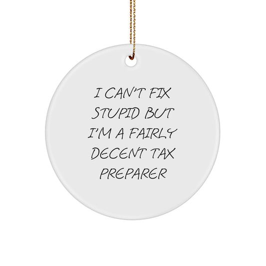 Tax Preparer Humor Gifts from Friends to Coworkers, I Can't Fix Stupid But I'm A Fairly Decent Tax Preparer Circle Ornament for Christmas Unique Gifts - Image 1