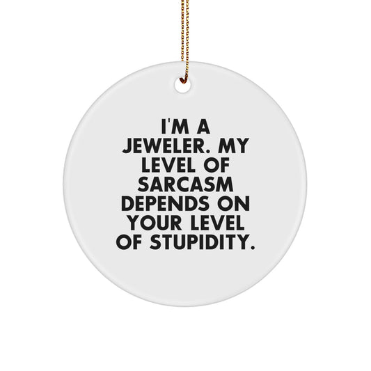 Funny Jeweler Gifts from Friends, Christmas Circle Ornament Quote, 'I'm A Jeweler. My Level Of Sarcasm Depends On Your Level Of Stupidity.' - Image 1