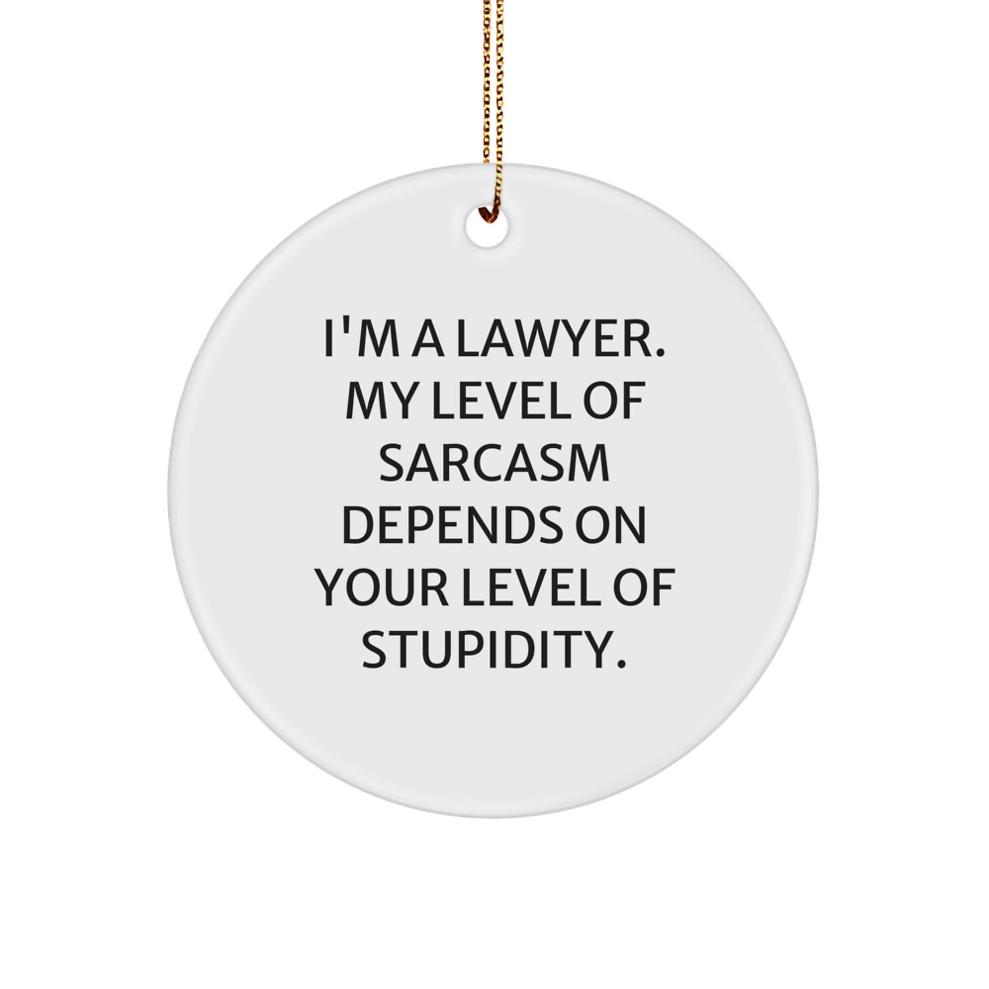 Funny Lawyer Gifts from Friends for Christmas - 'I'm A Lawyer. My Level Of Sarcasm Depends On Your Level Of Stupidity.' Circle Ornament - Image 1