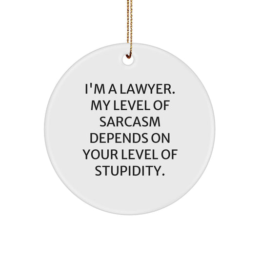 Funny Lawyer Gifts from Friends for Christmas - 'I'm A Lawyer. My Level Of Sarcasm Depends On Your Level Of Stupidity.' Circle Ornament - Image 1