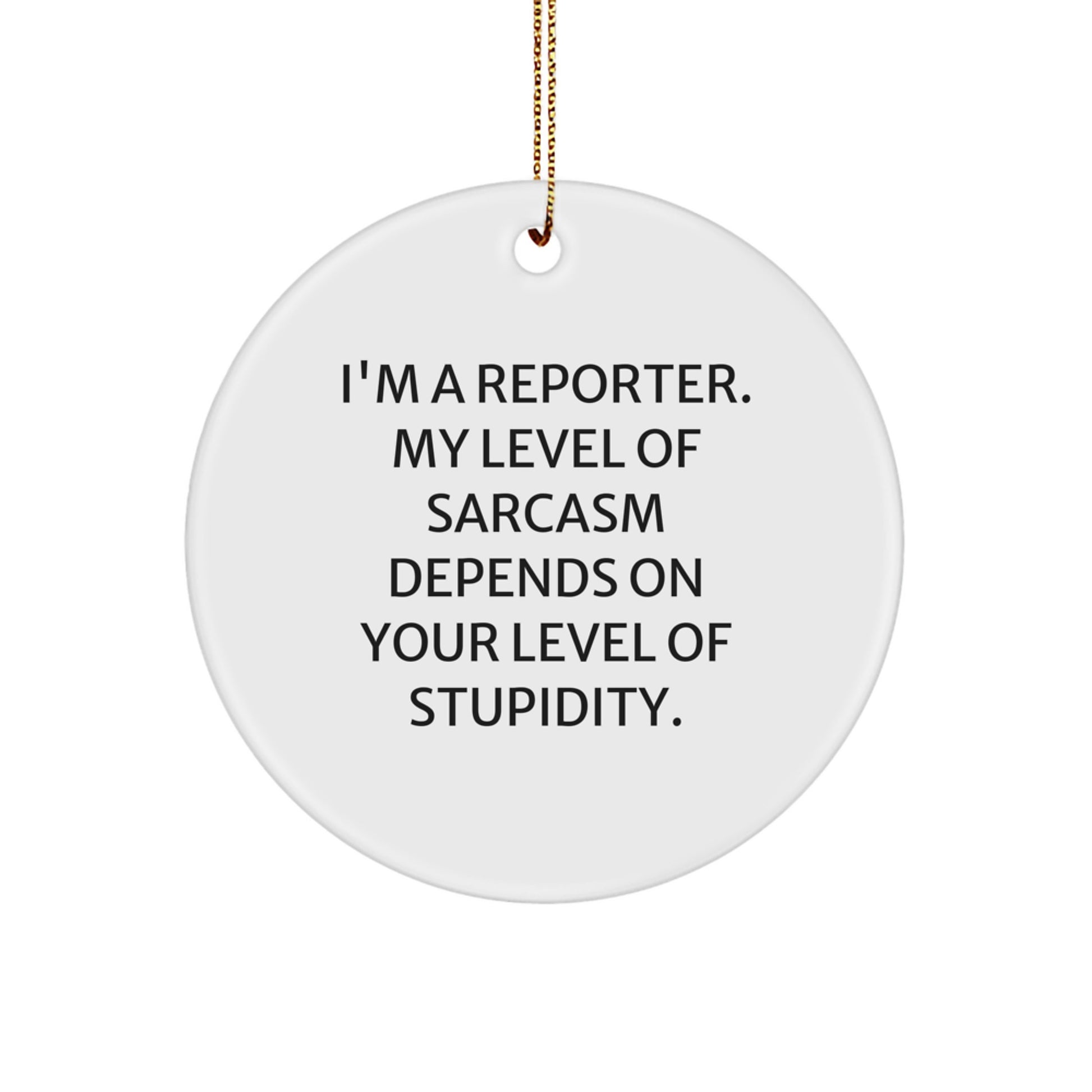 Funny Reporter Gifts for Men from Friends - I'm A Reporter. My Level Of Sarcasm Depends On Your Level Of Stupidity. Circle Ornament, White, 2.75'' tall, 0.5 oz, Perfect for Christmas, - Image 1