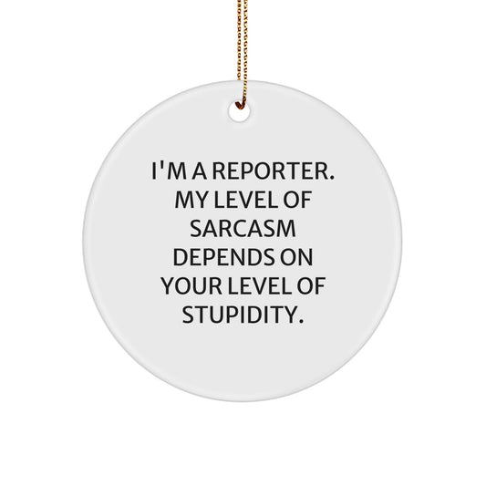 Funny Reporter Gifts for Men from Friends - I'm A Reporter. My Level Of Sarcasm Depends On Your Level Of Stupidity. Circle Ornament, White, 2.75'' tall, 0.5 oz, Perfect for Christmas, - Image 1