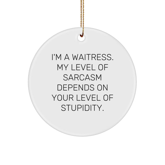 Funny Waitress Gifts - I'm A Waitress. My Level Of Sarcasm Depends On Your Level Of Stupidity. Circle Ornament, Christmas Unique Gifts from Coworkers to Waitress - Image 1