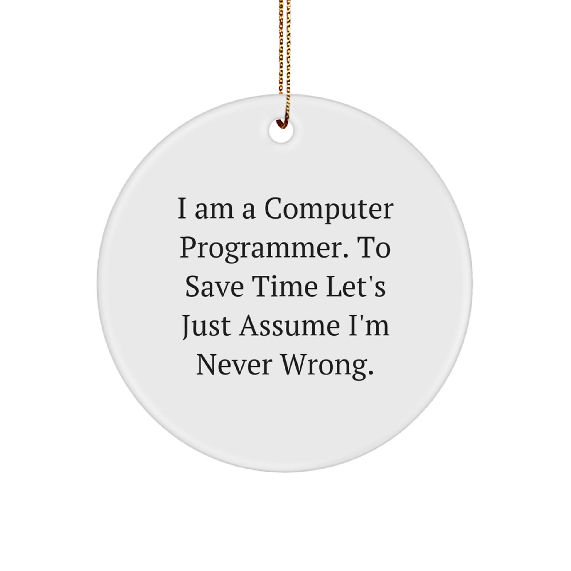 Funny Computer Programmer Gifts from Men to Friends - Circle Ornament for Christmas, Inspirational Quote 'I Am A Computer Programmer. To Save Time Let's Just Assume I'm Never Wrong.' - Image 1