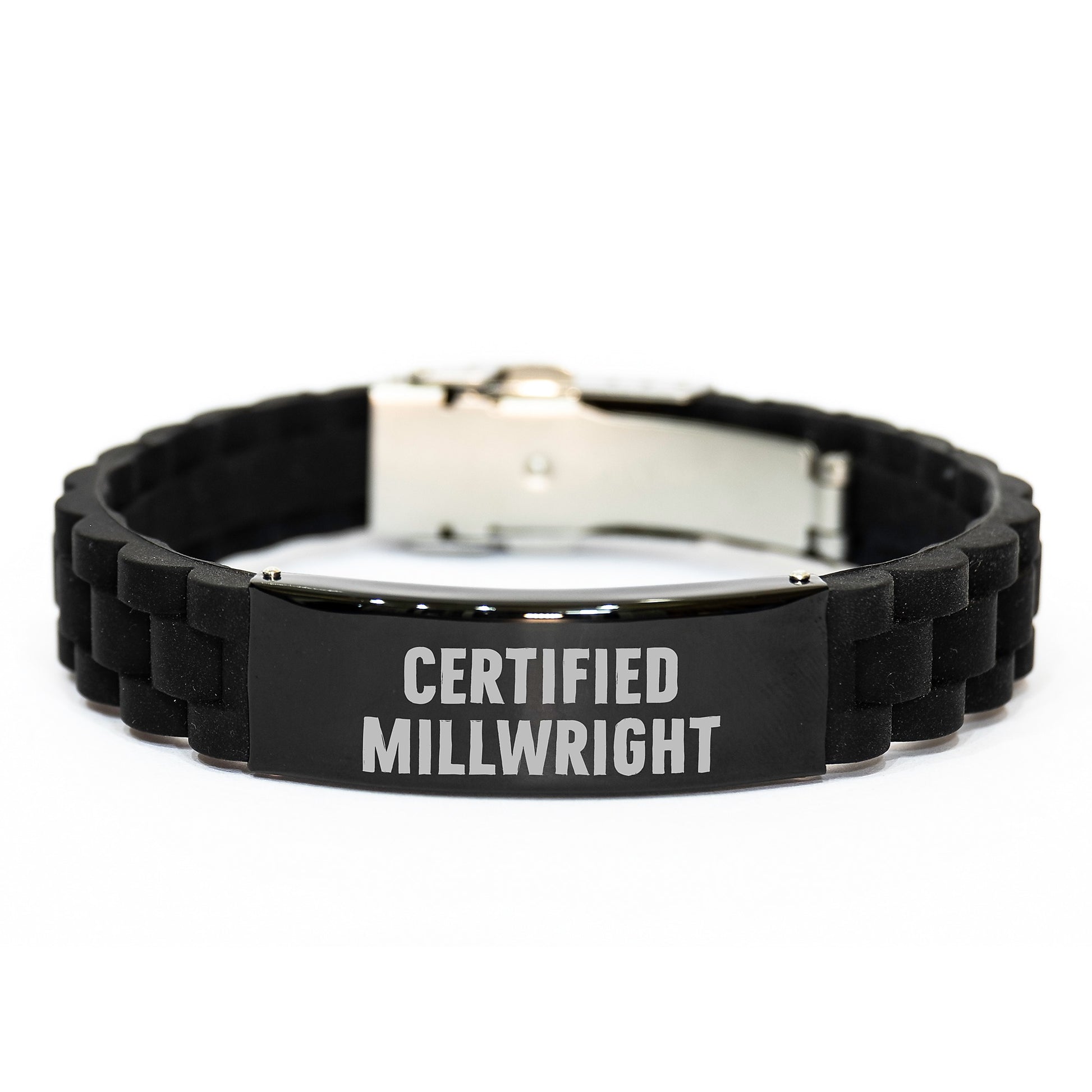 Funny Millwright Gifts from Friends - 'Certified Millwright' Glide lock Clasp Black Stainless Steel Silicone Adjustable Graduation Unique Gifts for Millwright Men - Image 1