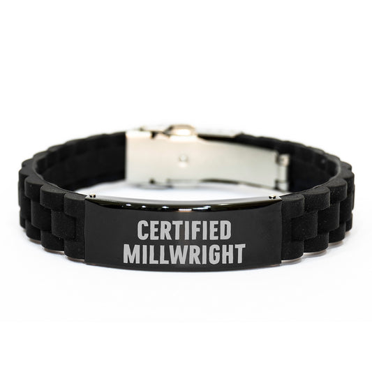 Funny Millwright Gifts from Friends - 'Certified Millwright' Glide lock Clasp Black Stainless Steel Silicone Adjustable Graduation Unique Gifts for Millwright Men - Image 1