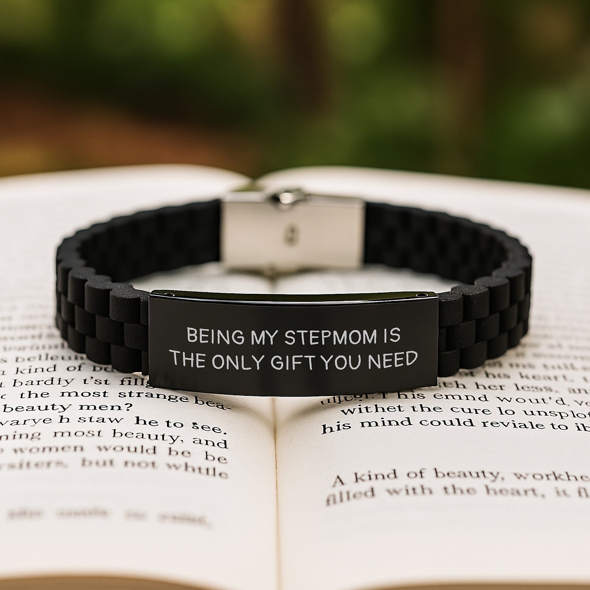 Funny Stepmom Gifts from Men, Women, or Friends - 'Being My Stepmom Is The Only Gift You Need' Glide lock Clasp Black Stainless Steel Birthday Present for Stepmom - Image 2