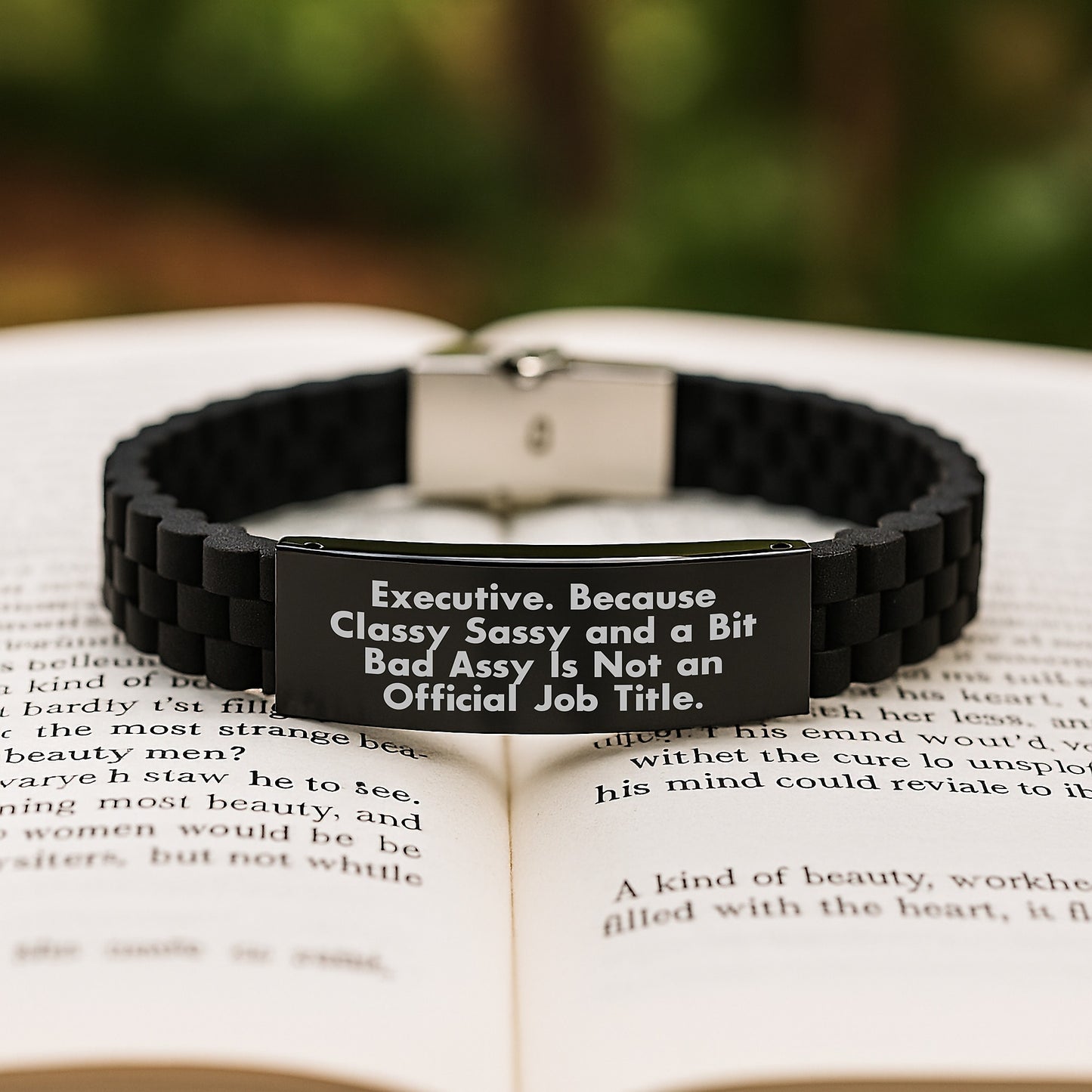 Executive Gifts from Friends, Funny Quote Glide lock Clasp Birthday Jewelry for Him or Her, Not an Official Job Title, Adjustable Black Stainless Steel and Silicone - Image 2