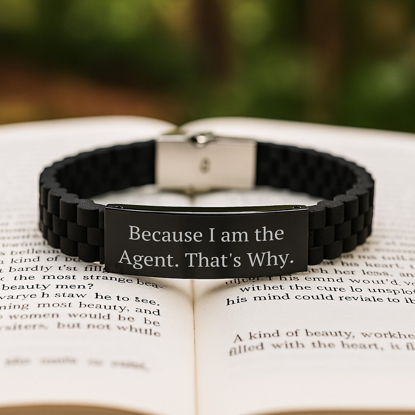 Funny Agent Gift Because I Am The Agent. That's Why. 9.05-Inch Glide lock Clasp Adjustable Silicone Black Stainless Steel Silver Birthday Present from Friends for Agent Men - Image 2