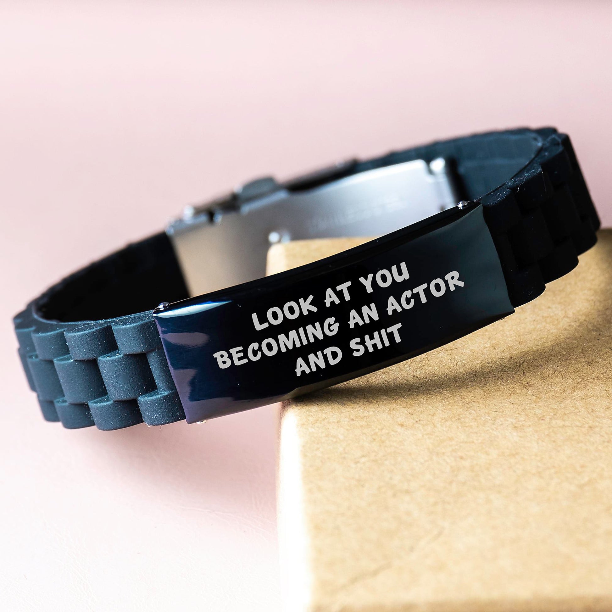 Funny Actor Gifts from Friends for Actor - Look At You Becoming An Actor And Shit Glide lock Clasp Adjustable Black Stainless Steel, Silicone, and Silver Graduation Unique Gifts - Image 3