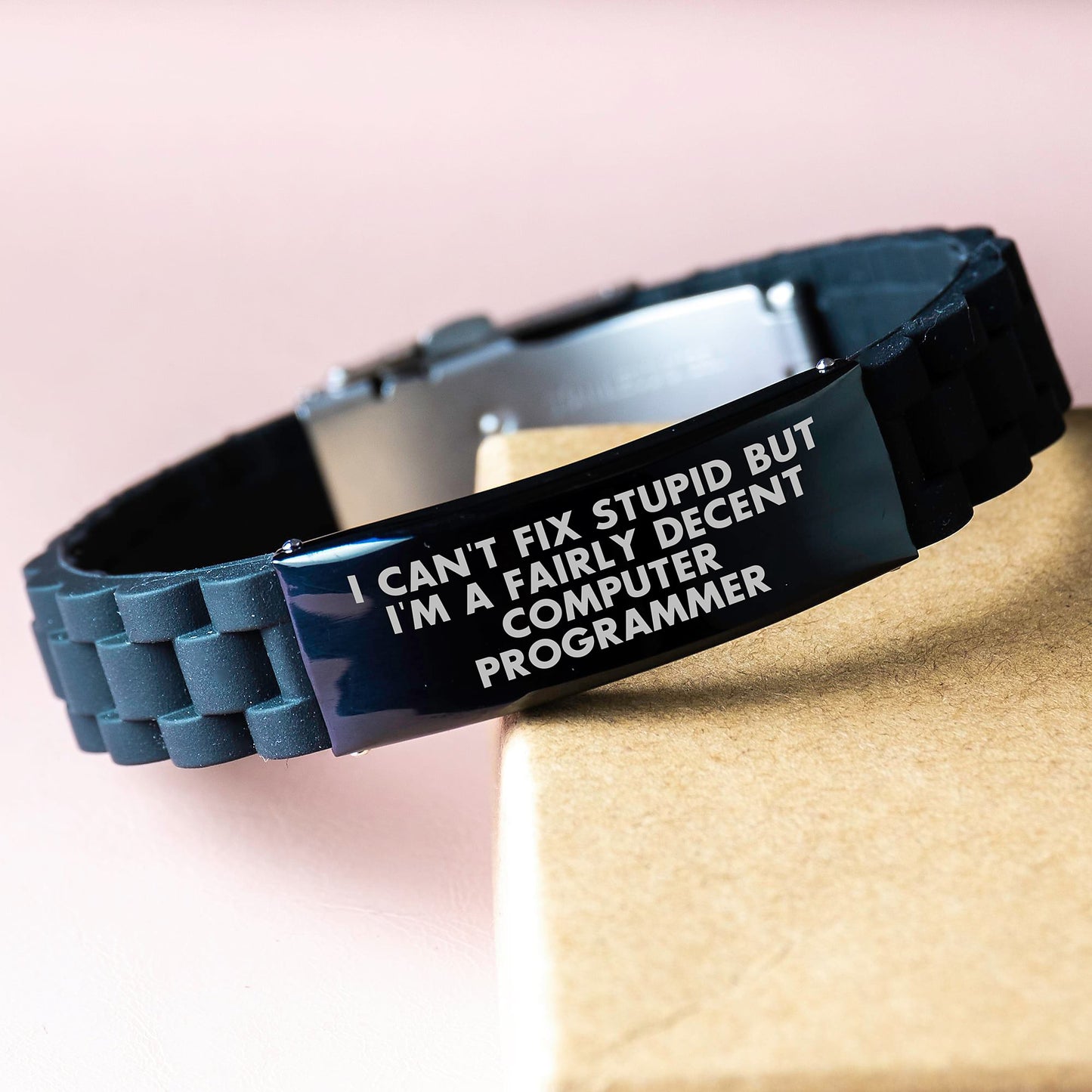 Funny Computer Programmer Gifts from Friends - I Can't Fix Stupid But I'm A Fairly Decent Computer Programmer Glide lock Clasp Bracelet for Men - Birthday Unique Presents for Coworkers, Family - Image 3