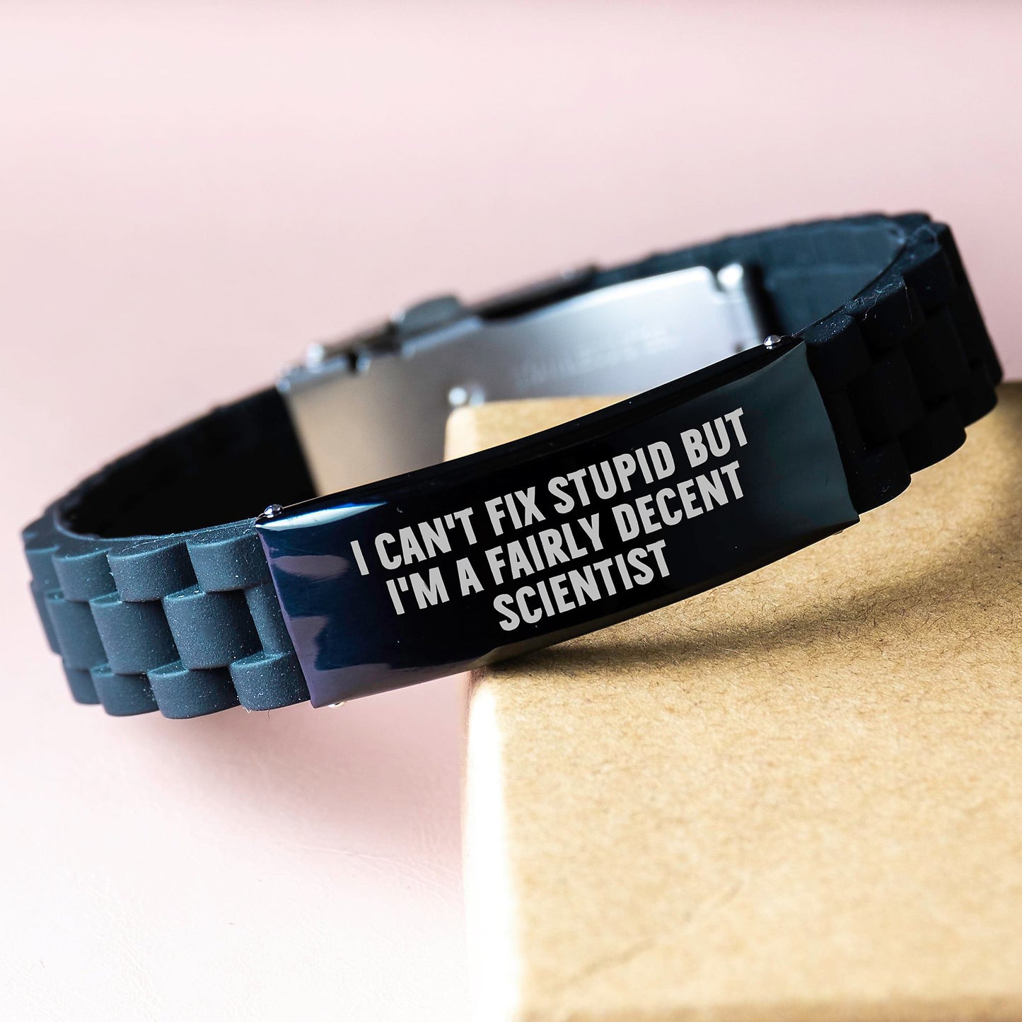 Funny Scientist Gifts for Men - I Can't Fix Stupid But I'm A Fairly Decent Scientist Glide lock Clasp Black Stainless Steel Silicone Adjustable Graduation Unique Gifts from Family - Image 3