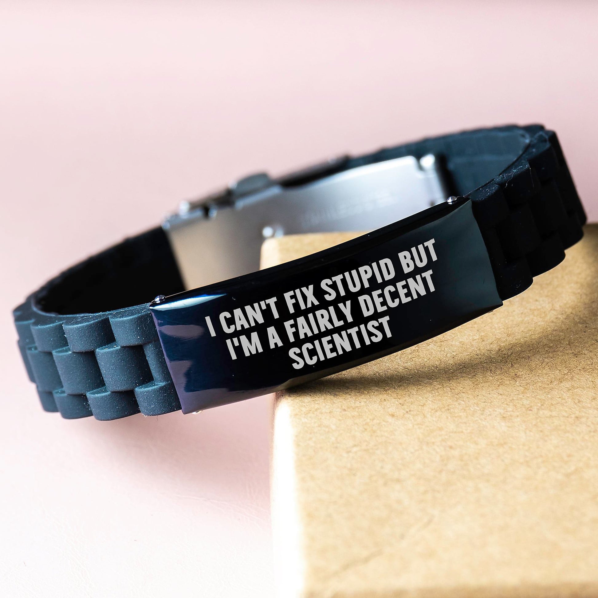 Funny Scientist Gifts for Men - I Can't Fix Stupid But I'm A Fairly Decent Scientist Glide lock Clasp Black Stainless Steel Silicone Adjustable Graduation Unique Gifts from Family - Image 3