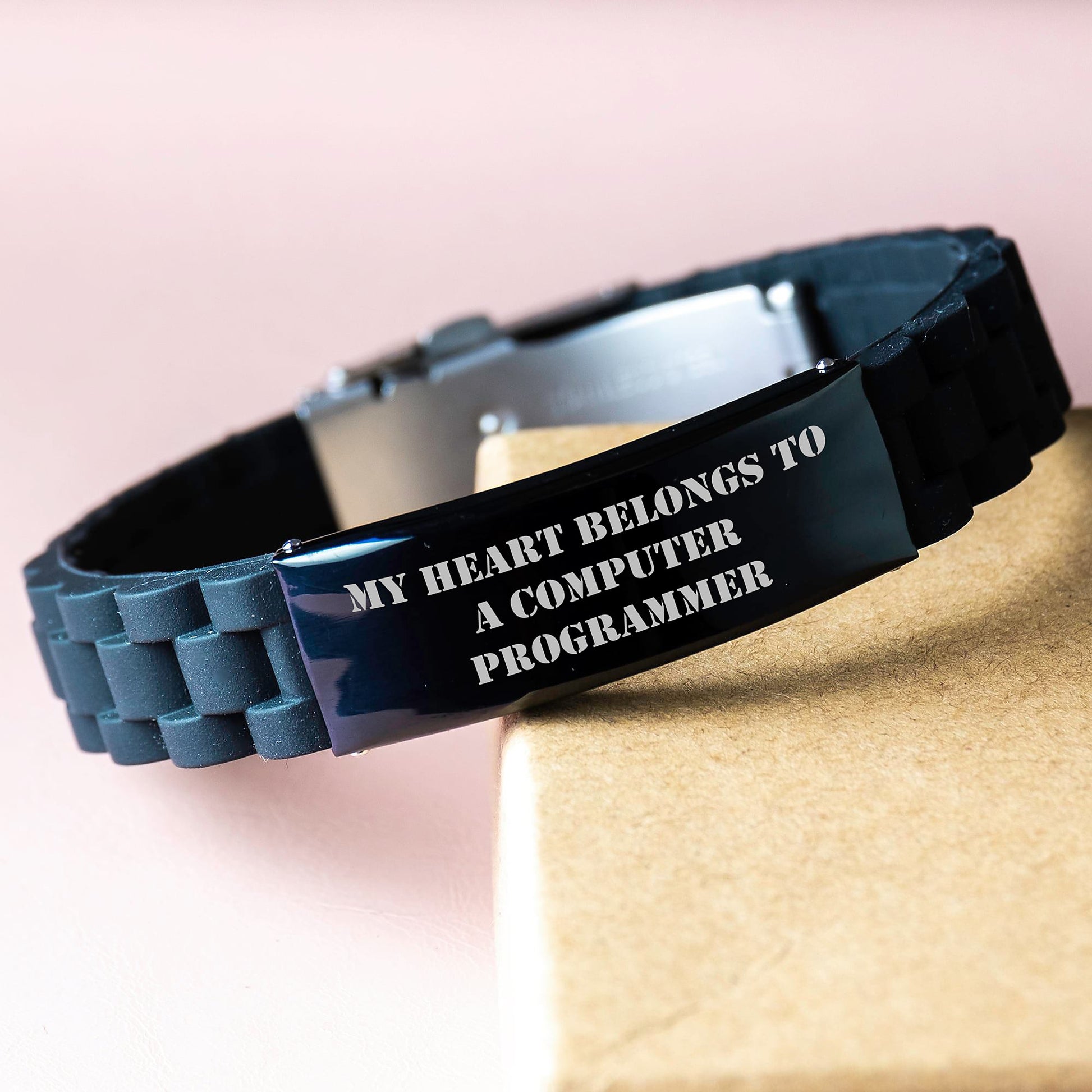Funny Computer Programmer Gifts from Friends - 'My Heart Belongs To A Computer Programmer' Glide lock Clasp Bracelet for Birthday - Image 3