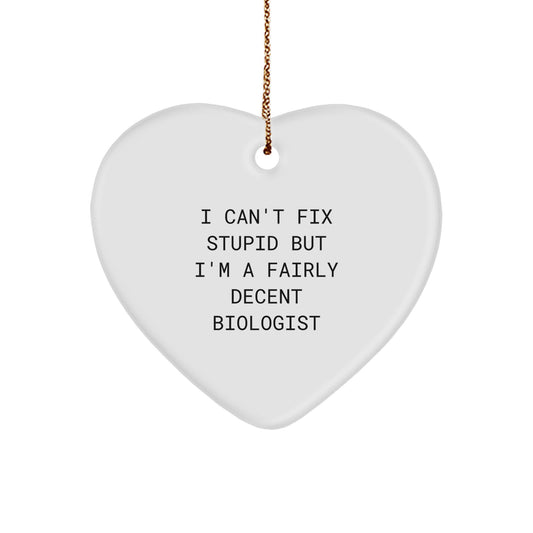Funny Biologist Heart Ornament, 'I Can't Fix Stupid But I'm A Fairly Decent Biologist' Gifts from Men to Biologist Friends and Family for Christmas - Image 1