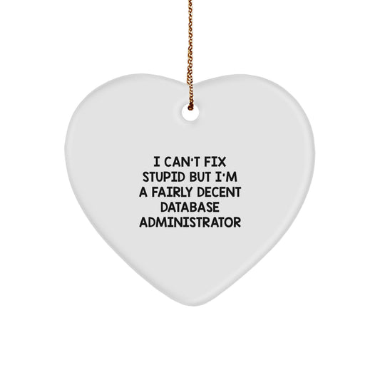 Funny Database Administrator Heart Ornament Gifts from Friends for Christmas - 'I Can't Fix Stupid But I'm A Fairly Decent Database Administrator' Quote - Image 1