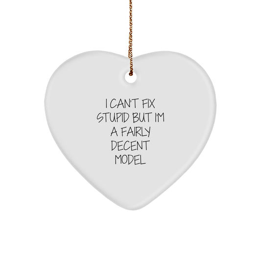 Funny Model Gifts from Friends for Model Enthusiasts - Heart Ornament with 'I Can't Fix Stupid But I'm A Fairly Decent Model' Quote, Christmas Unique Gifts - Image 1