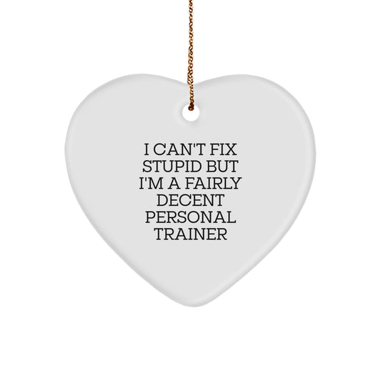 Funny Personal Trainer Gifts from Friends for Christmas - Heart Ornament with 'I Can't Fix Stupid But I'm A Fairly Decent Personal Trainer' Quote, Personal Trainer Gifts for Men or Women - Image 1