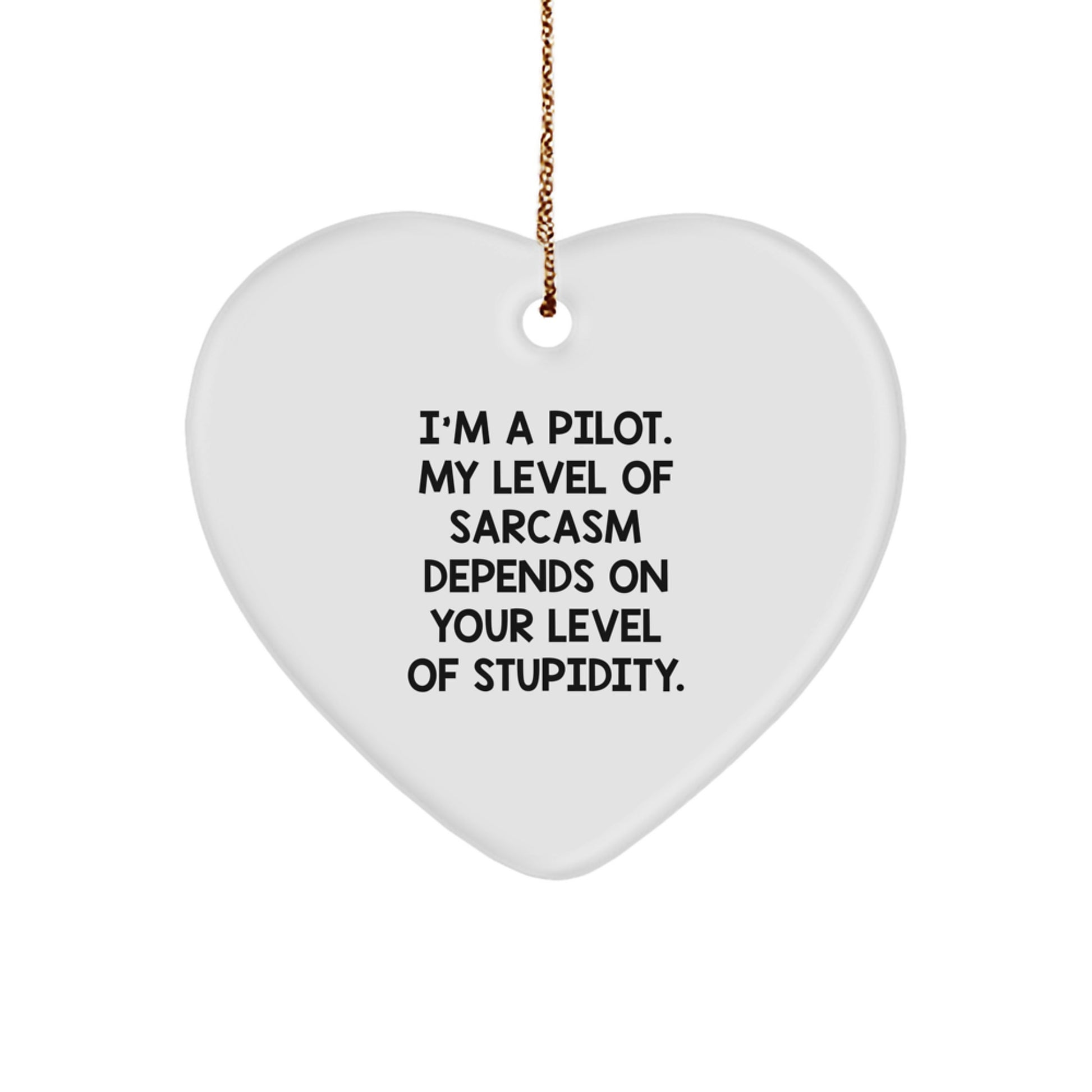 Pilot's Sarcasm Depends on Your Level of Stupidity Funny Gift for Pilot Friends and Family this Christmas - Heart Ornament with Quote - Image 1