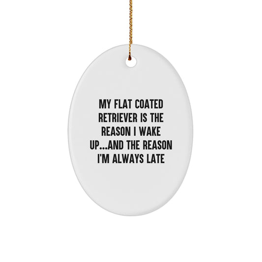 Funny Flat Coated Retriever Dog Gifts from Friends, Christmas Unique Oval Ornament Quote 'My Flat Coated Retriever Is The Reason I Wake Up...and The Reason I'm Always Late' - Image 1