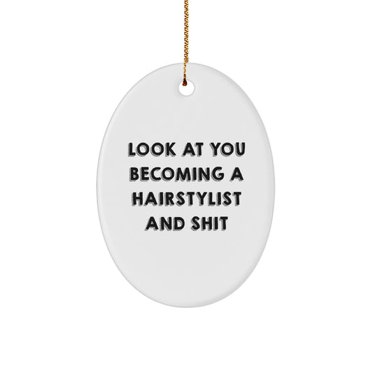 Funny Hairstylist Gifts from Friends to Hairstylist - Oval Ornament with Look At You Becoming A Hairstylist And Shit Quote, Christmas Unique Gifts - Image 1