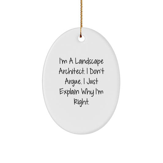 Landscape Architect Gifts from Friends for Christmas: Funny Oval Ornament, 'I'm Right!' Quote, White, 3.25'' Tall, Durable MDF, Sublimation, Gift for Men, Women, Coworkers, Family - Image 1