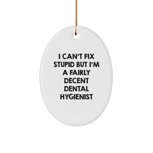 Funny Dental Hygienist Gifts from Friends - 'I Can't Fix Stupid But I'm A Fairly Decent Dental Hygienist' Oval Ornament for Christmas - Image 1