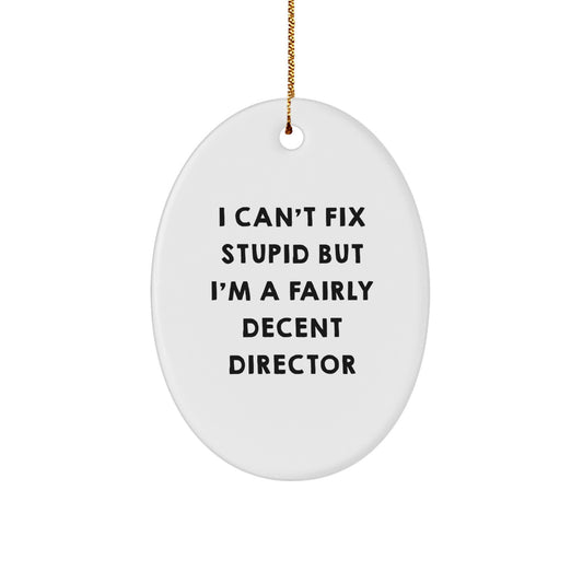 Funny Director Gifts from Friends - Oval Ornament with 'I Can't Fix Stupid But I'm A Fairly Decent Director' Quote - Christmas Unique Gifts for Director - Image 1