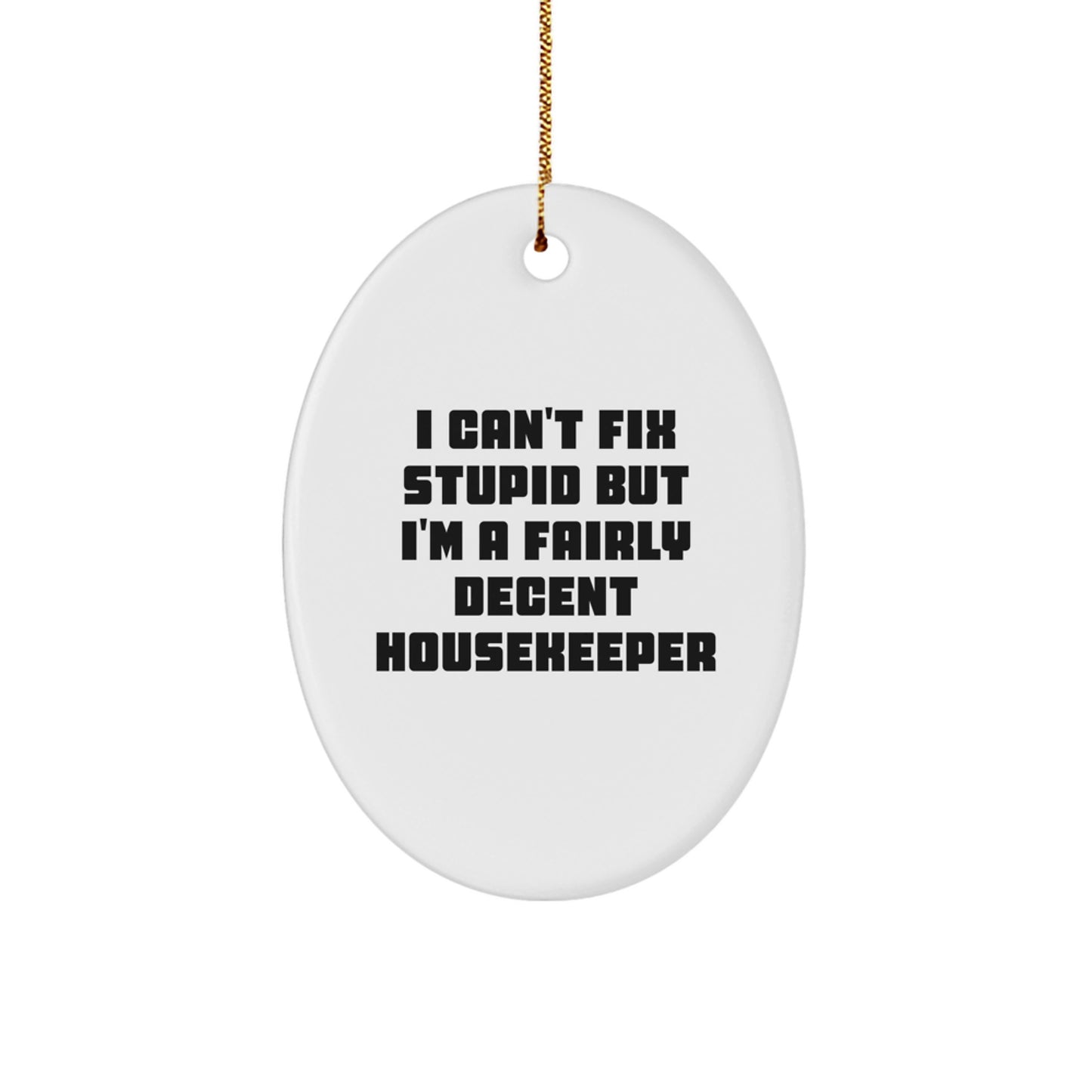 Funny Housekeeper Gifts from Friends for Housekeepers - I Can't Fix Stupid But I'm A Fairly Decent Housekeeper Oval Ornament, Christmas Unique Gifts for Her - Image 1