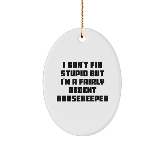 Funny Housekeeper Gifts from Friends for Housekeepers - I Can't Fix Stupid But I'm A Fairly Decent Housekeeper Oval Ornament, Christmas Unique Gifts for Her - Image 1